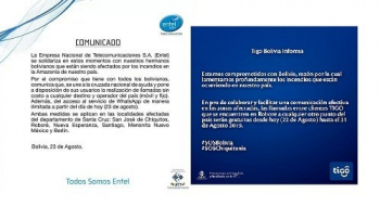 Entel y Tigo Bolivia habilitan servicios gratuitos para apoyar acciones contra incendio de la Chiquitania